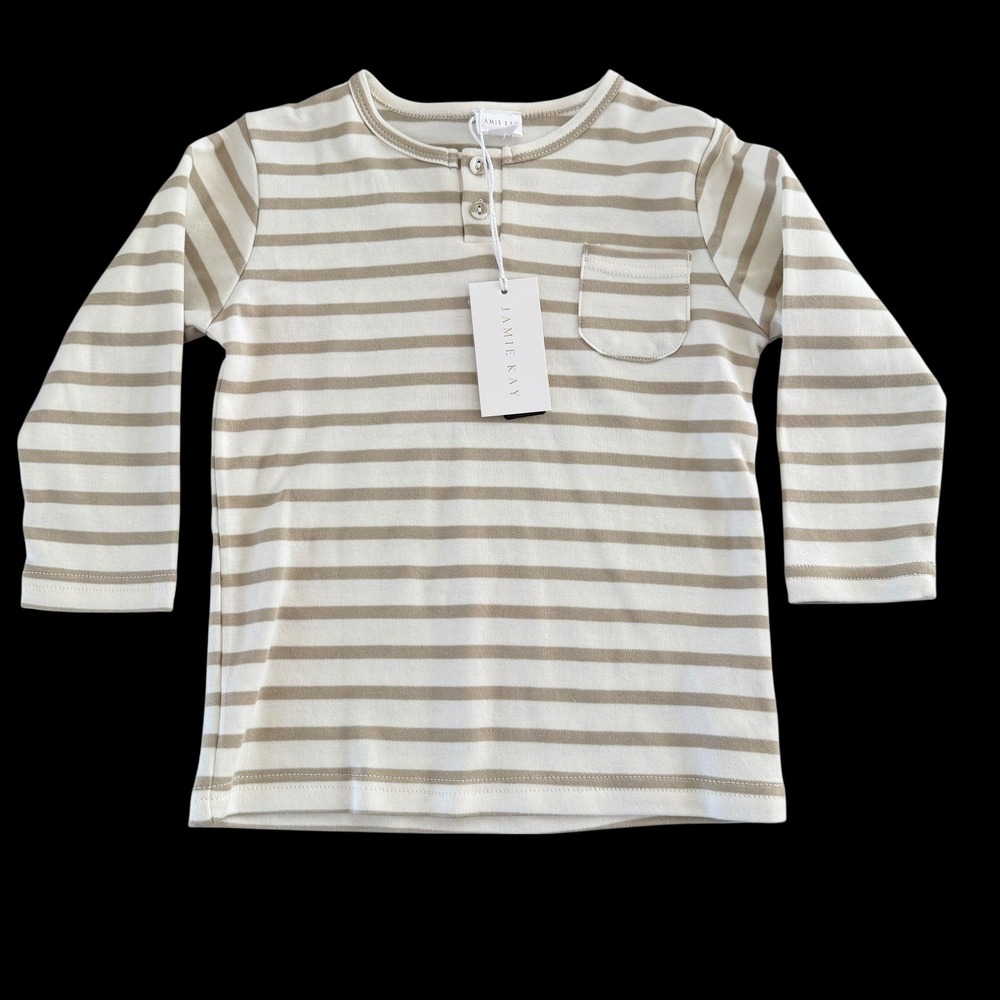 NWT Jamie Kay 3 Years Striped Henley Top‎ Pima Cotton Long Sleeve Oatmeal Cream